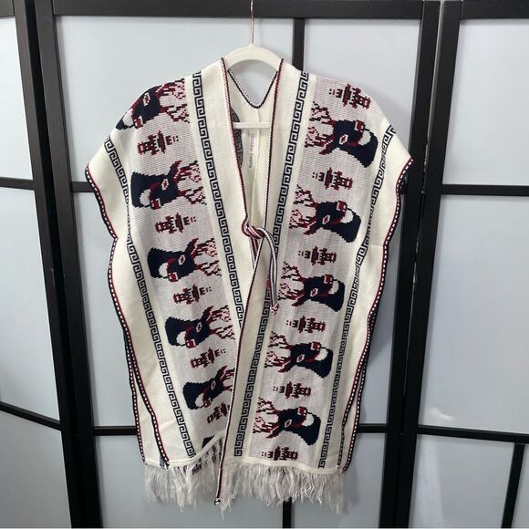 [l] Creme White Knit Holiday Poncho Sweater with Navy Blue & Red Reindeer Print - Picture 2 of 14